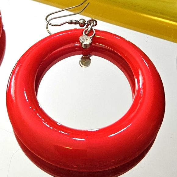 Bright Red Hoop Earrings with Rhinestone - Picture 4 of 4